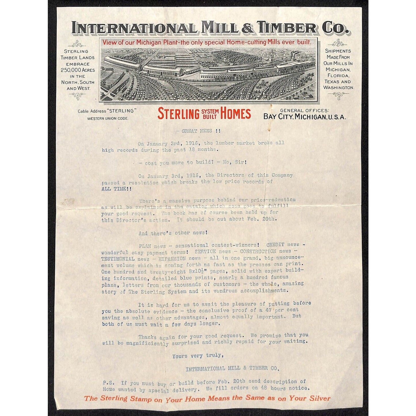 1916 Bay City, MI International Mill & Timber Sterling Homes Letterhead Vignette