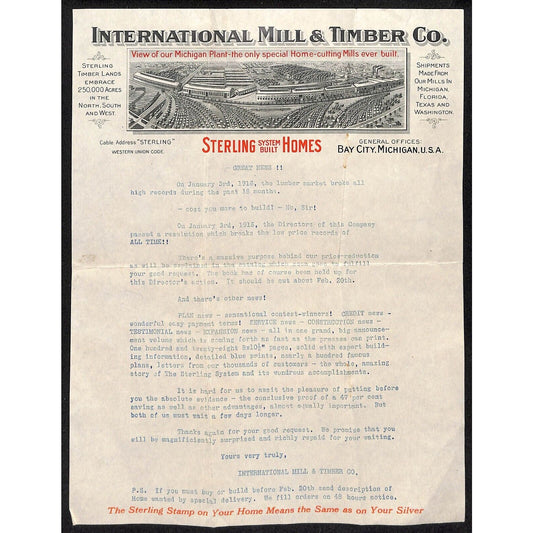 1916 Bay City, MI International Mill & Timber Sterling Homes Letterhead Vignette