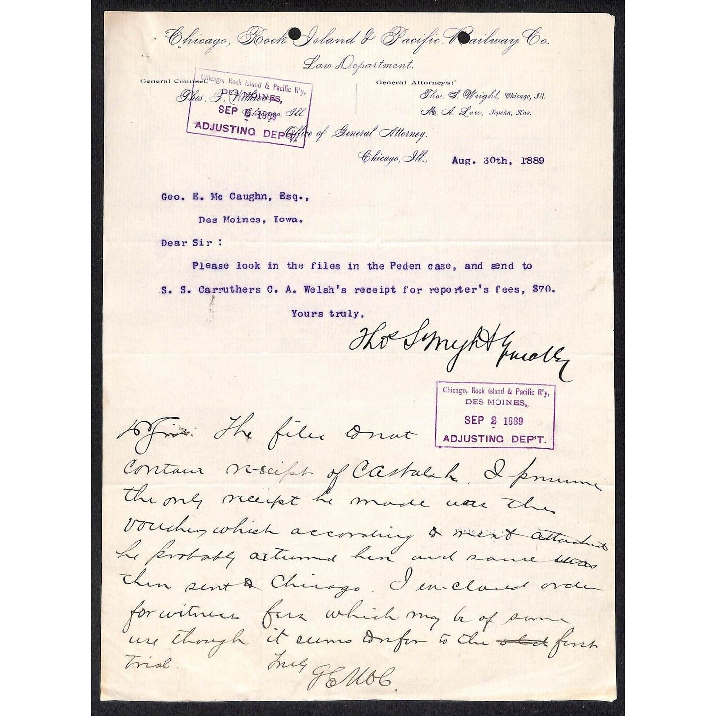 Iowa Supreme Court Clerk c1889 Letterhead Chicago, Rock Island & Pacific Ry