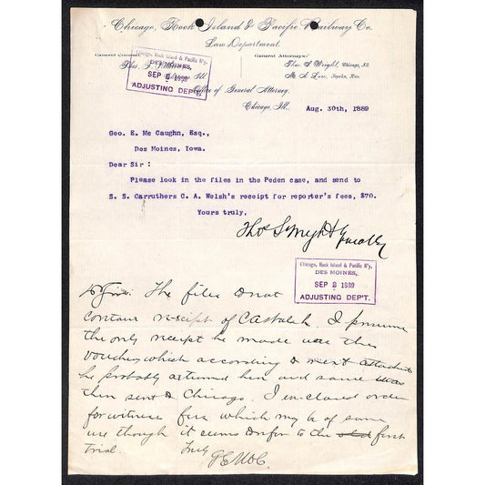 Iowa Supreme Court Clerk c1889 Letterhead Chicago, Rock Island & Pacific Ry
