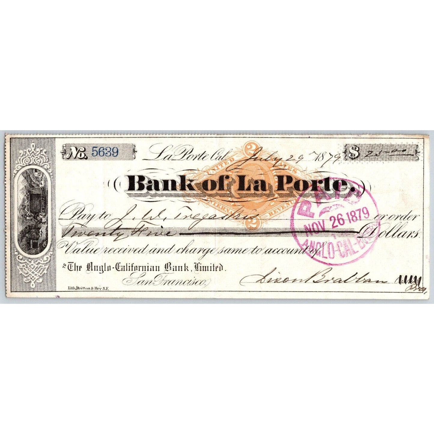 Bank of La Porte Check Tregasrio ? 1879 Mining Vignette RN-G1 Rev Stamp #5639