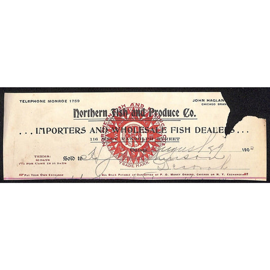 Northern Fish and Produce Co. HJ Hutchinson Decorah IA* Cut 1902 Billhead Color