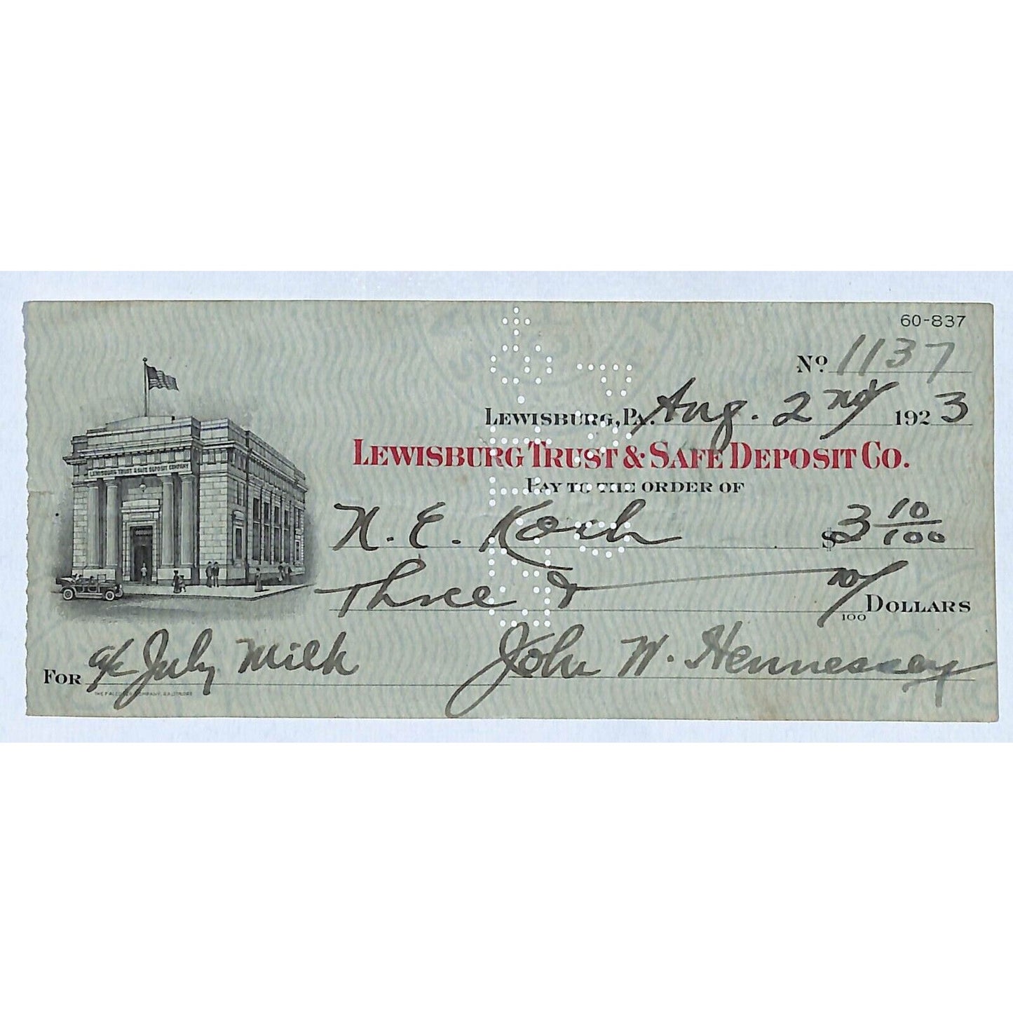 Lewisburg Trust & Safe Deposit Co. PA 1923 Bank Check w/ Vignette Scarce #1137