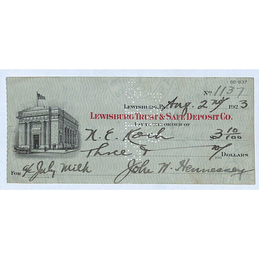 Lewisburg Trust & Safe Deposit Co. PA 1923 Bank Check w/ Vignette Scarce #1137