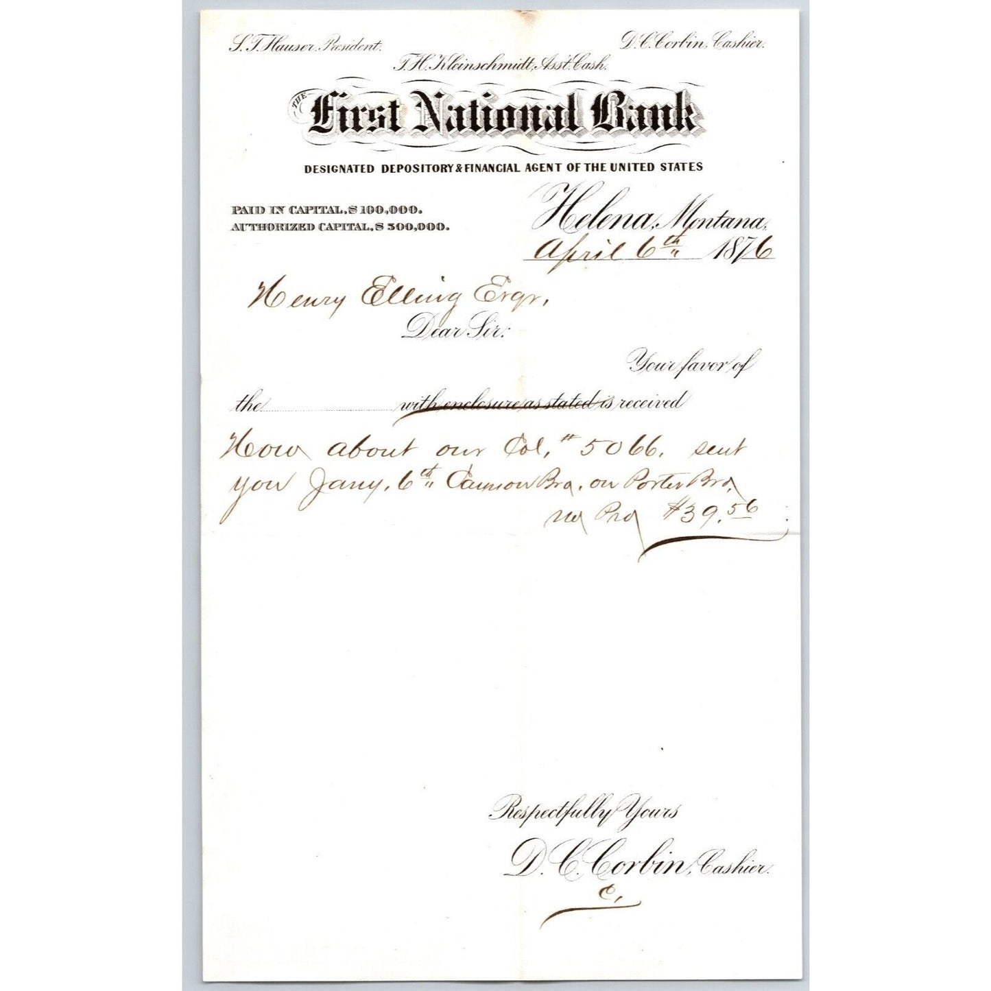 First National Bank Helena, MT 4/6 1876 Payment Advice Henry Elling*