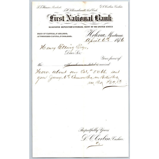 First National Bank Helena, MT 4/6 1876 Payment Advice Henry Elling*