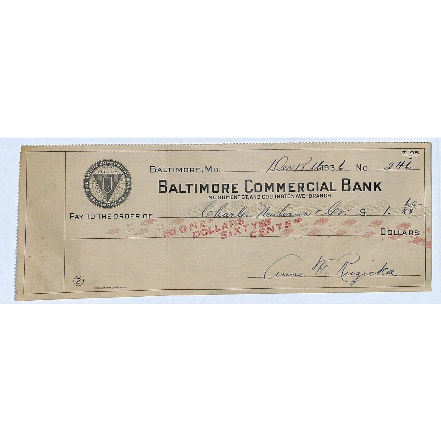 Baltimore Commercial Bank 1936 Bank Check #246