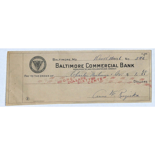 Baltimore Commercial Bank 1936 Bank Check #246