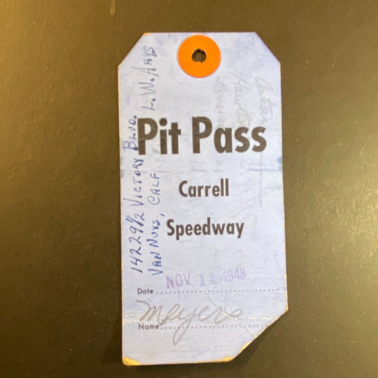 Carrell Speedway (Gardena, CA) Auto Racing Pit Pass 11/14 1948 Scarce