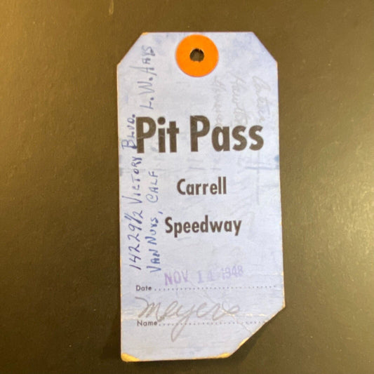 Carrell Speedway (Gardena, CA) Auto Racing Pit Pass 11/14 1948 Scarce