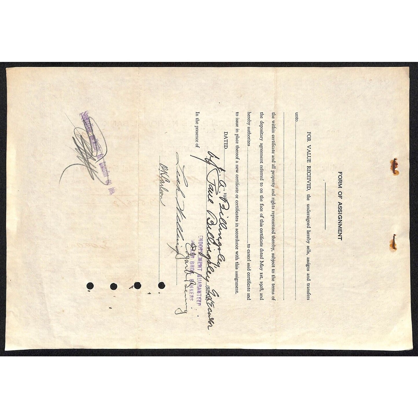 Anglo & London Paris National Bank of S.F. 1928 Certificate Deposit Billingsley?