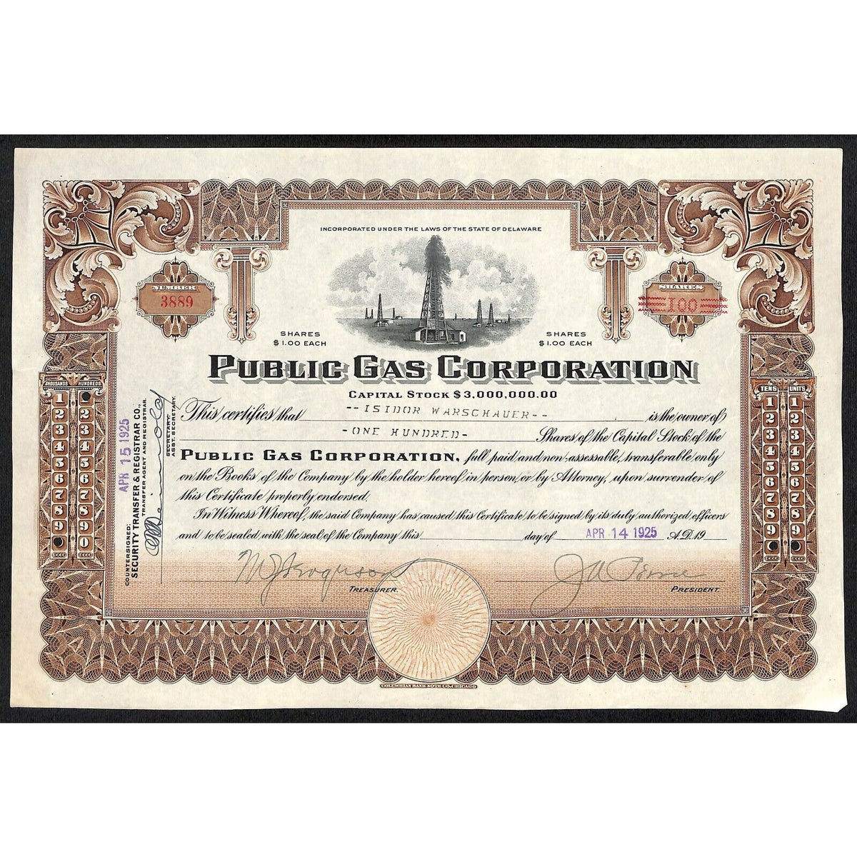 Public Gas Corporation 1925 Stock Certificate Isidor Warschauer w/ Oil Derrick