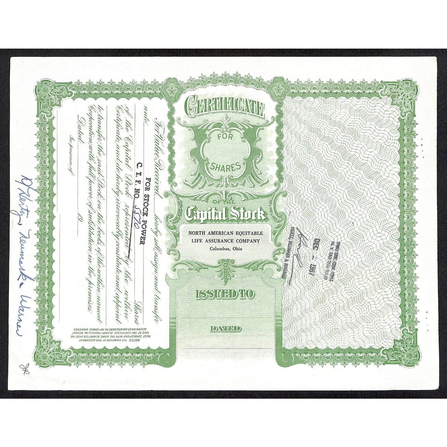 North American Equitable Life Assurance Co. Columbus 1963 Stock Certificate