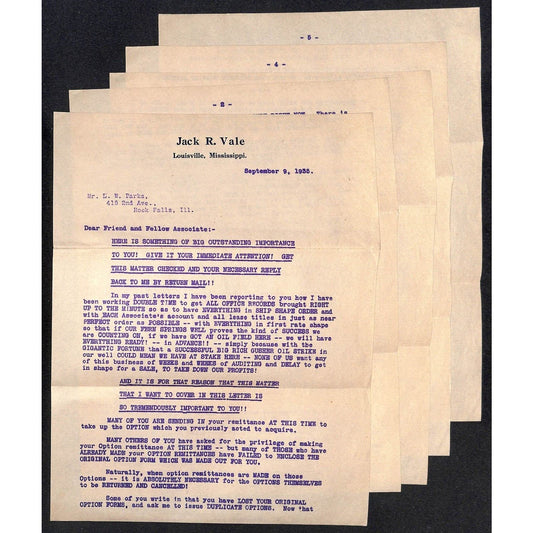 Jack R. Vale Louisville, MS 1935 Oil Investment Scheme ? Promotion Letter 5pp