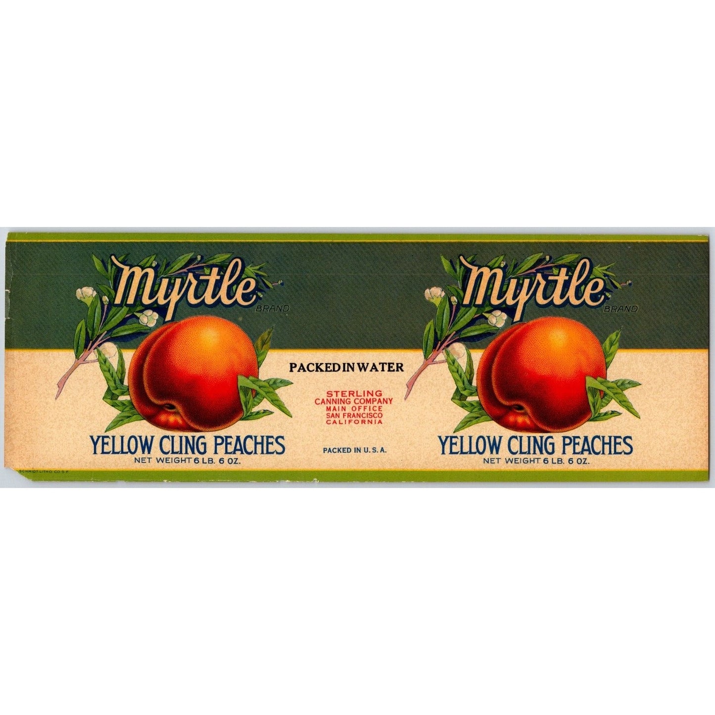 Yellow Cling Peaches Myrtle Brand Sterling Canning Paper Can Label c1930's