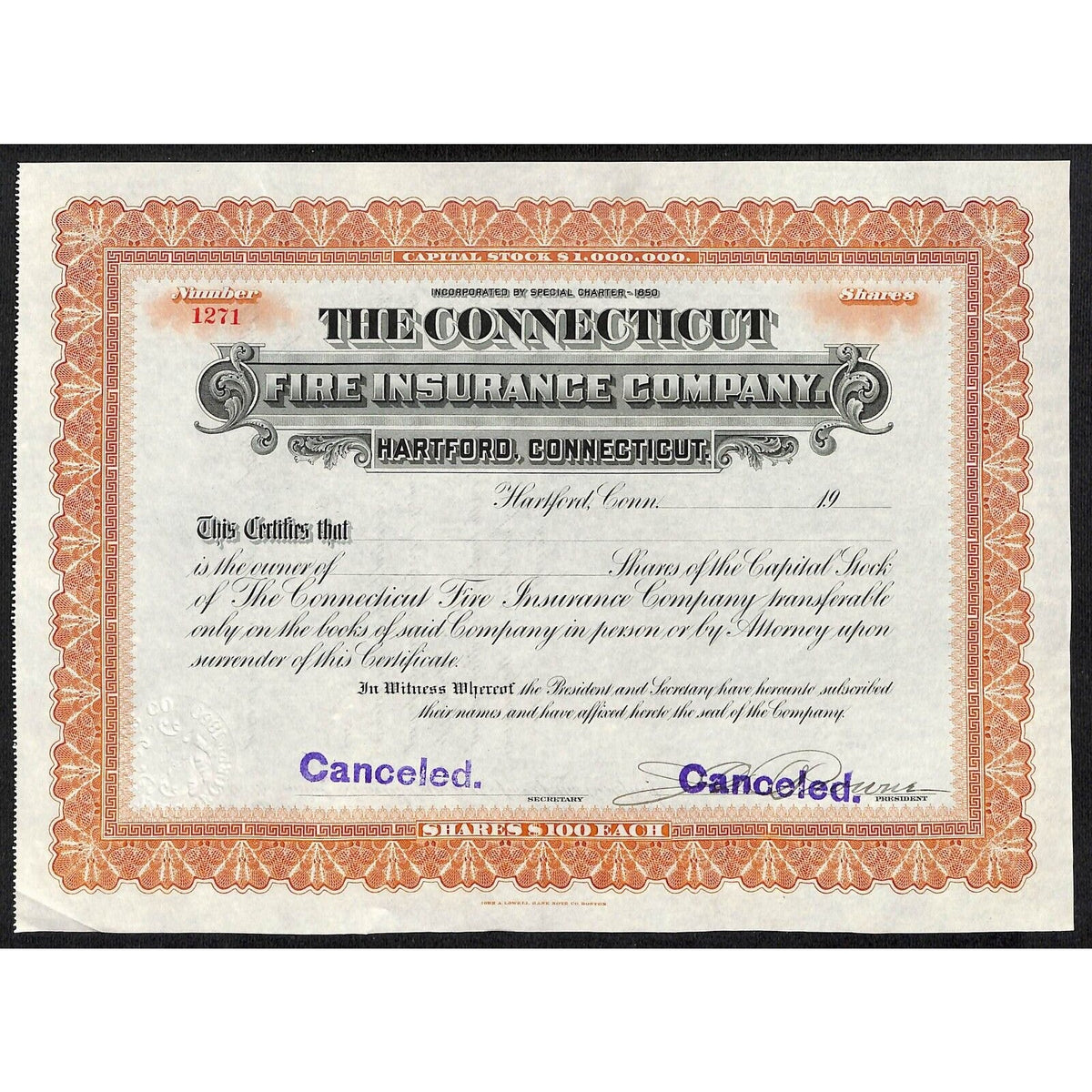 The Connecticut Fire Insurance Co. Hartford 19xx Stock Certificate Unissued VGC