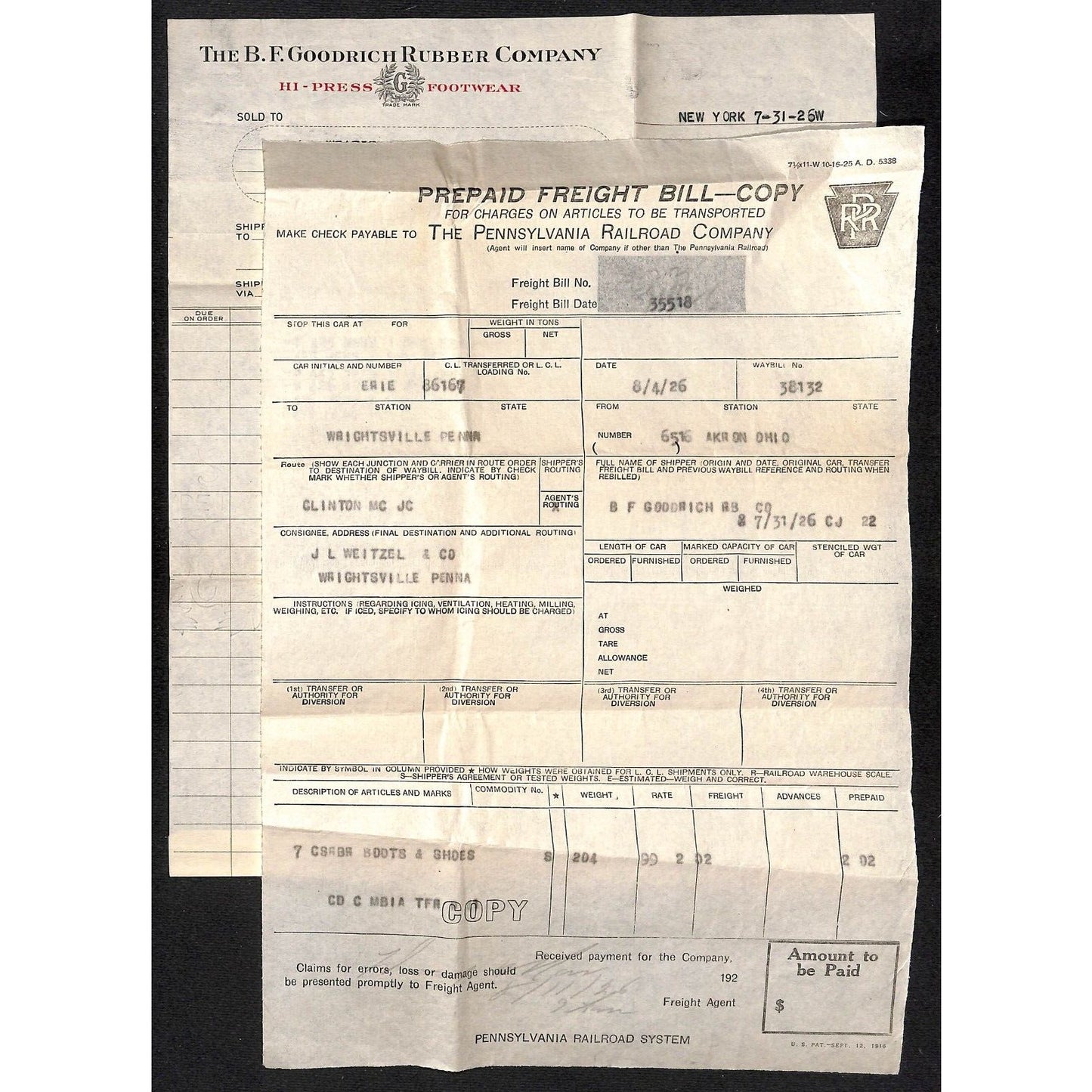 B.F. Goodrich Rubber Goods 1929 Penn RR Waybill Billhead + Cover