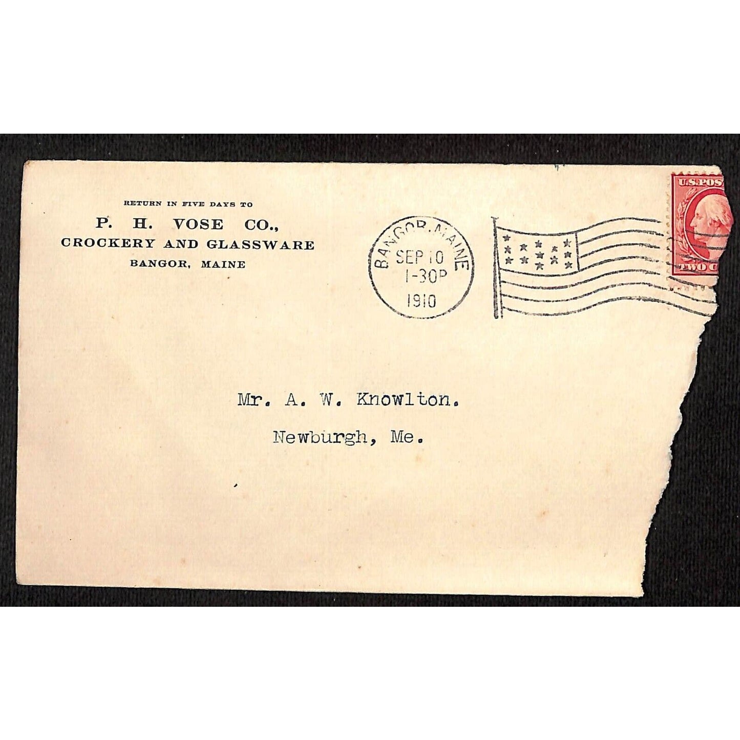 Bangor, ME P.H. Vose Co. Crockery Glassware 1910 Advertising Cover Envelope