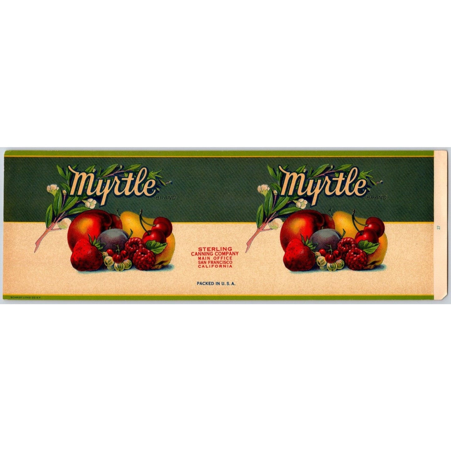 Mixed Fruits Myrtle Brand Sterling Canning Co. Paper Can Label c1930's NOS VGC