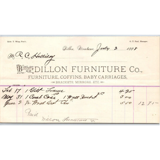 Dillon MT Dillon Furniture Co 1888 Coffins Baby Carriage Billhead R.C. Halliday*