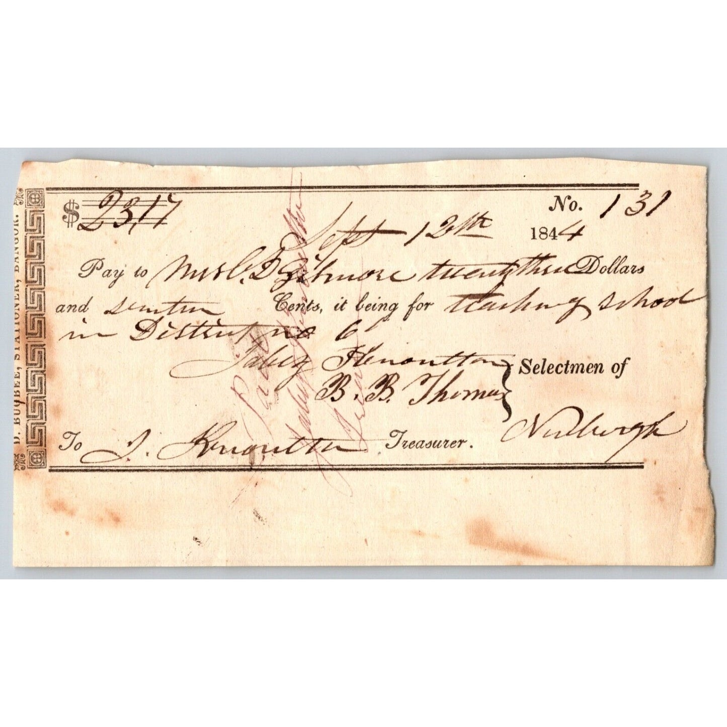 1844 Jabez Knowlton* Newburgh ME Town Check to Mrs. C.D. Gilmore for Teaching
