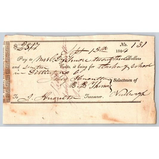 1844 Jabez Knowlton* Newburgh ME Town Check to Mrs. C.D. Gilmore for Teaching