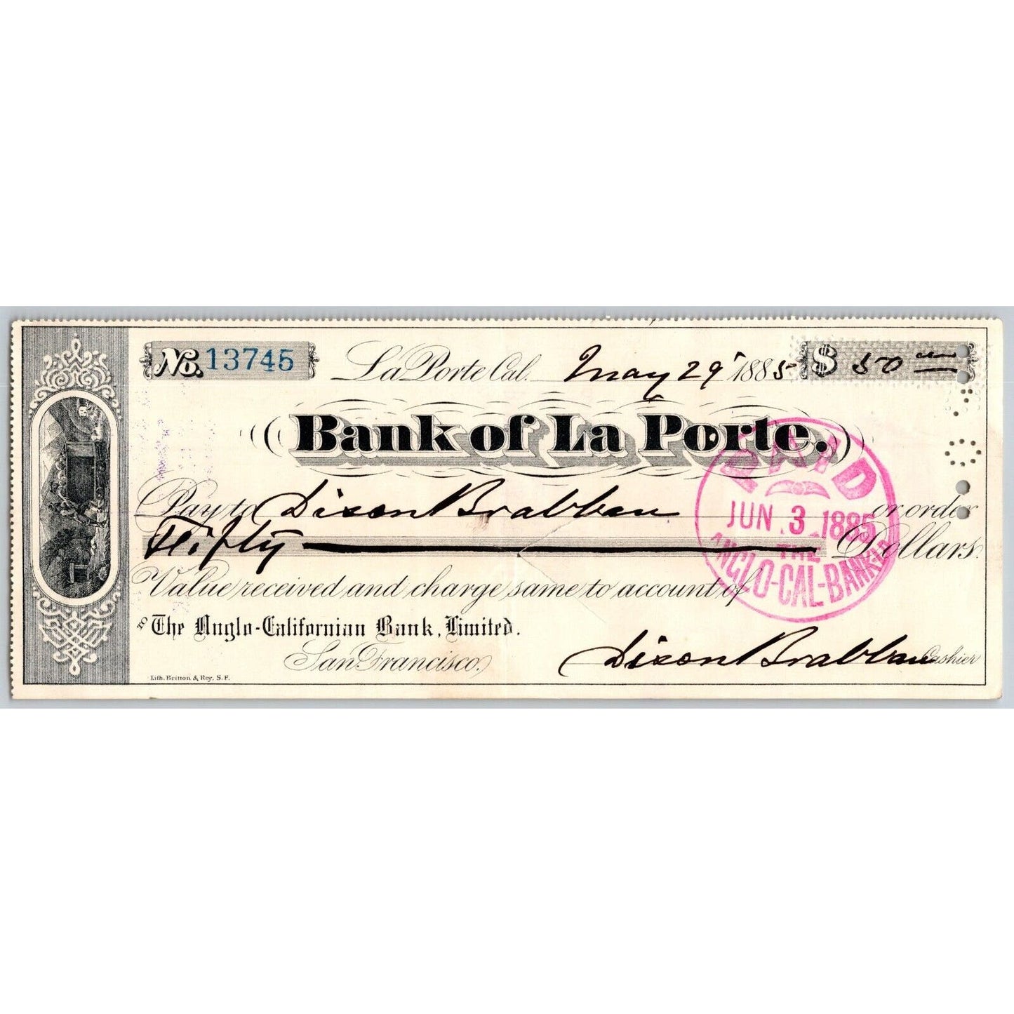 Bank of La Porte Check Dixon Brabban* 1885 Mining Vignette #13745
