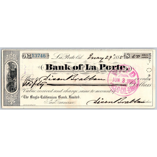 Bank of La Porte Check Dixon Brabban* 1885 Mining Vignette #13745