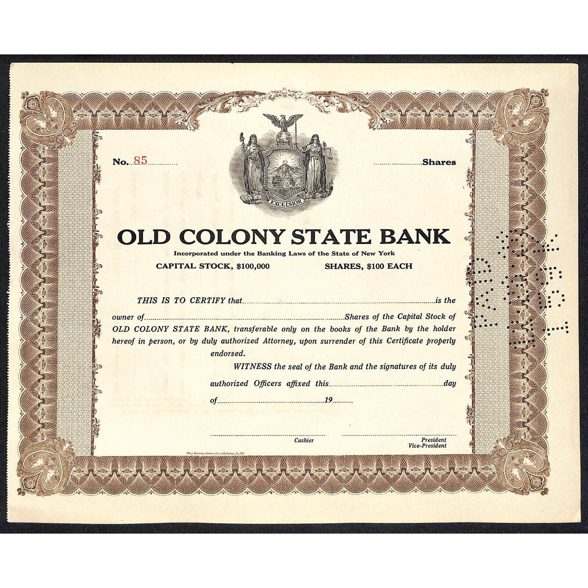 Old Colony State Bank NY c1925 (1928 Cancel) Stock Certificate Unissued #85 VGC