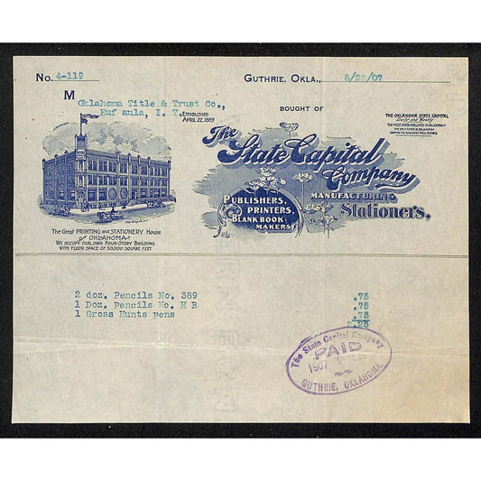 1907 State Capital Company Publishers Guthrie, OK Territorial Letterhead