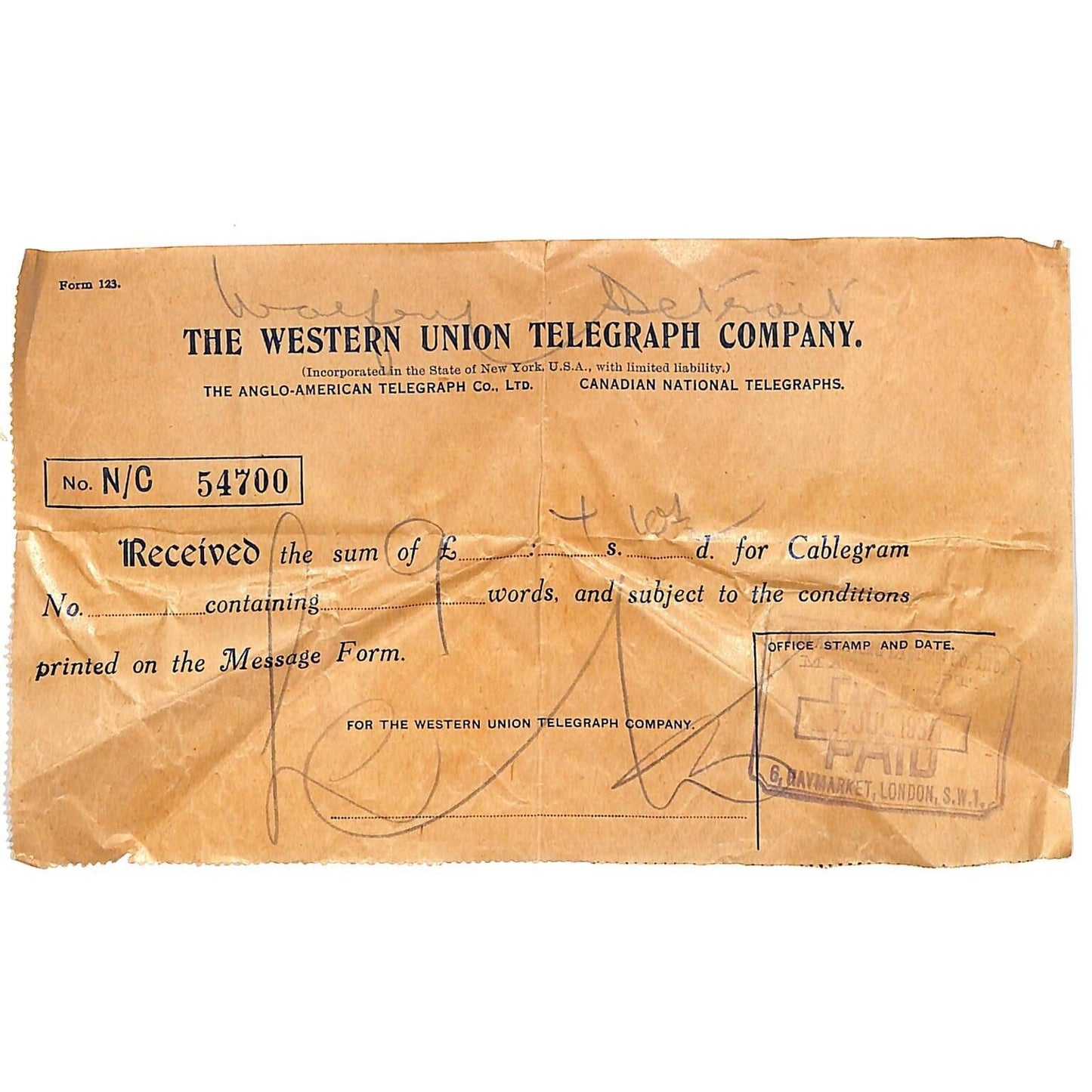 Western Union Telegraph Company 1937 Receipt on Waxy Paper Stock Scarce