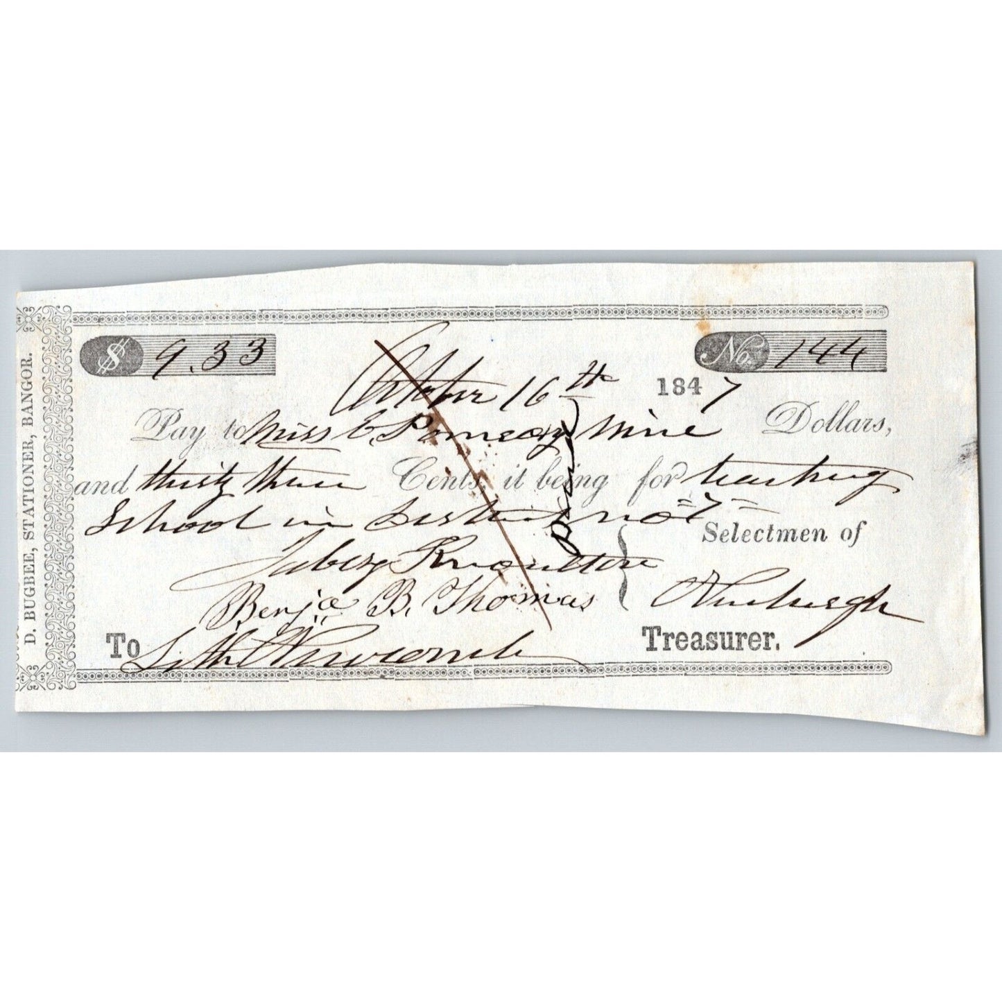 1847 Jabez Knowlton* Newburgh ME Town Check for Teaching in District No. 7