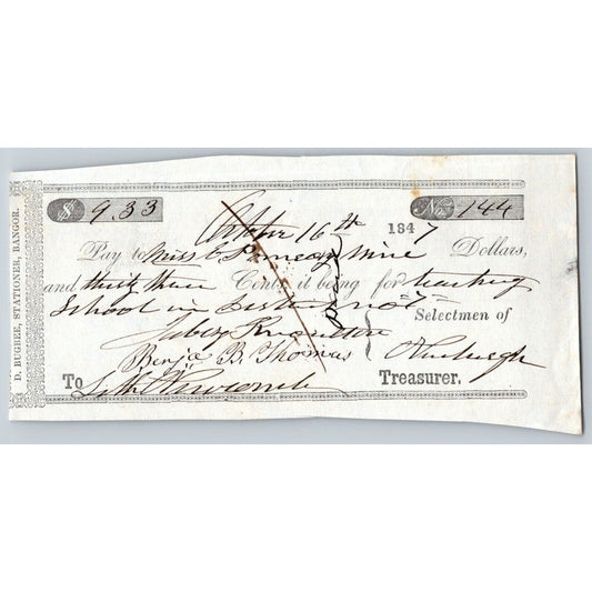 1847 Jabez Knowlton* Newburgh ME Town Check for Teaching in District No. 7