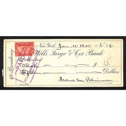 1900 Wells Fargo & Co. Bank 63 Broadway NYC Check #56 w/ Rev Stamp