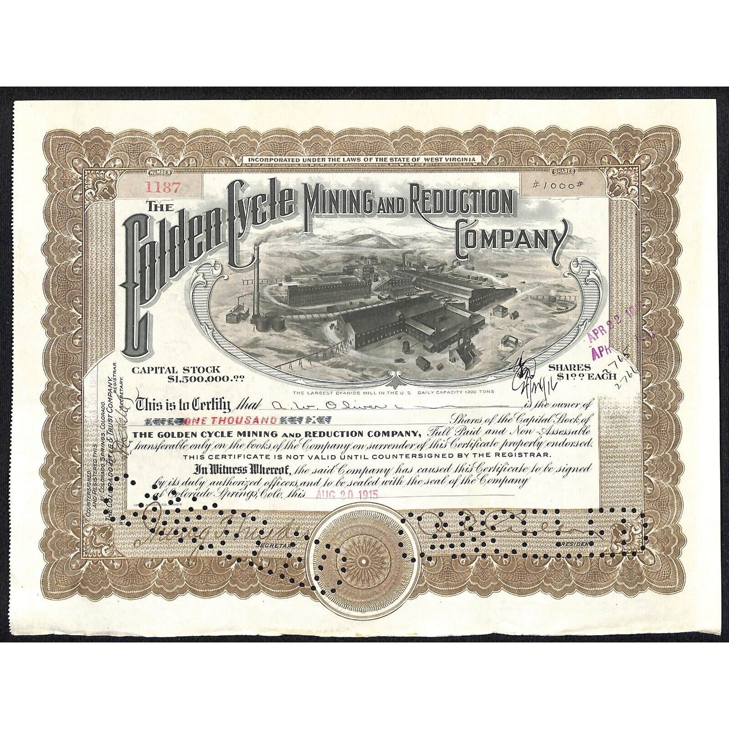 Golden Cycle Mining 1915 Stock Certificate w/ A.E. Carlton Sig. #1187