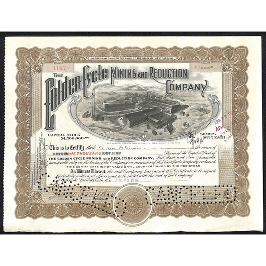 Golden Cycle Mining 1915 Stock Certificate w/ A.E. Carlton Sig. #1187