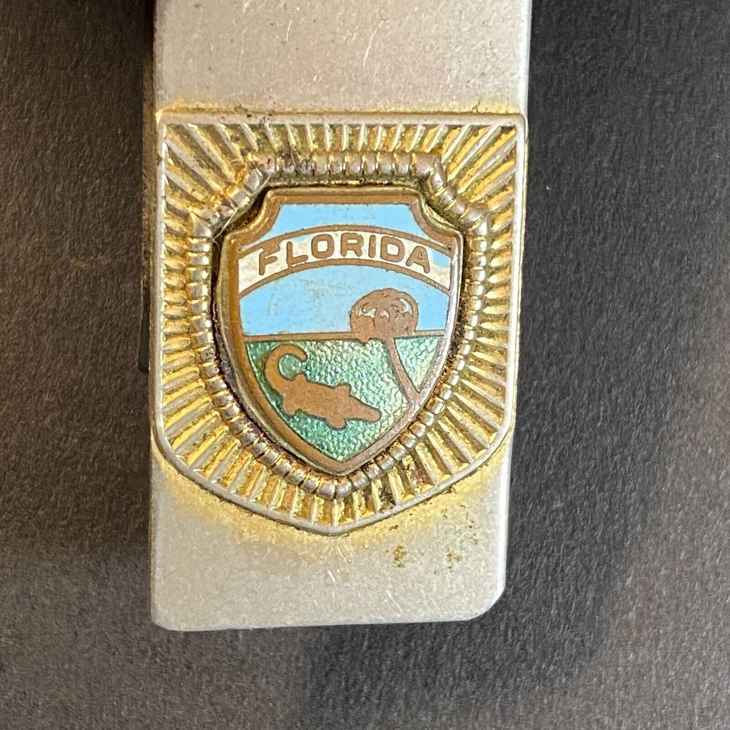 Florida Alligator Palm Tree Blue Sky Money Clip w/ Enameled Badge c1940's-50's