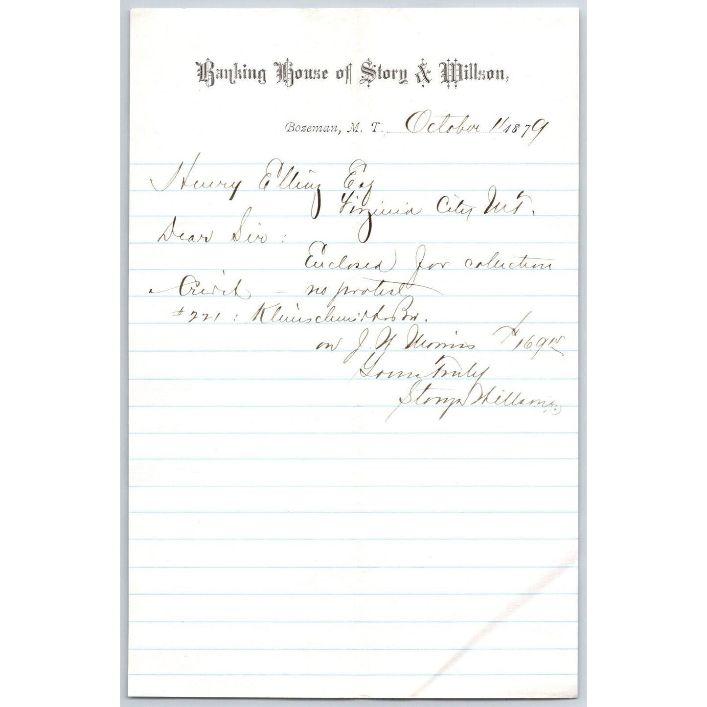 Banking House of Story & Nelson Bozeman, MT 10/11 1879 Letterhead Henry Elling*