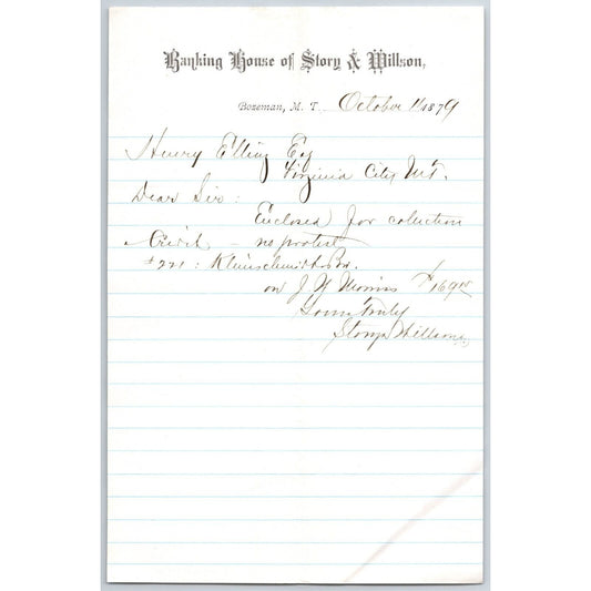 Banking House of Story & Nelson Bozeman, MT 10/11 1879 Letterhead Henry Elling*