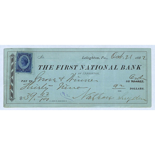 First National Bank Lehighton, PA 1882 Bank Check w/ Rev Stamp Scarce