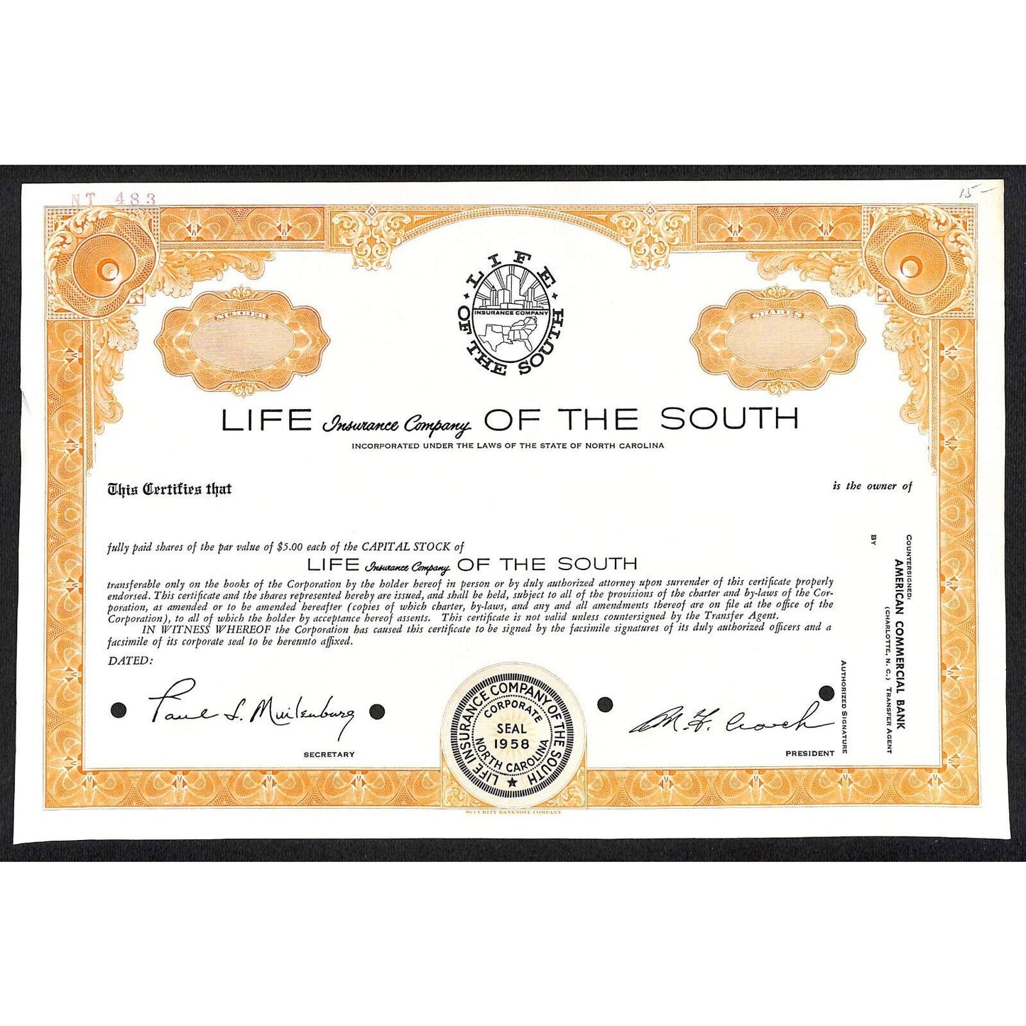 Life of the South Insurance Co North Carolina c1960's Stock Certificate Unissued