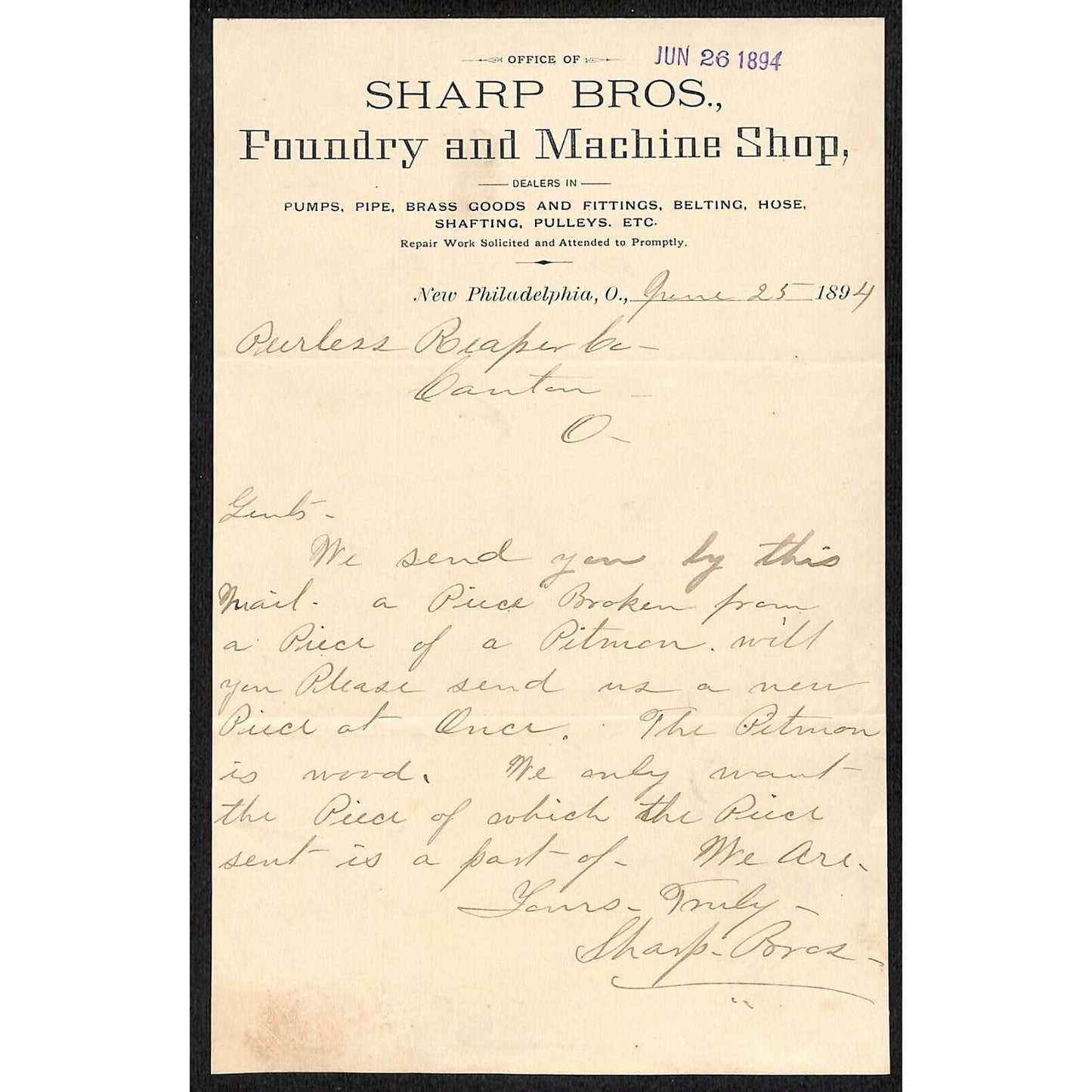 Sharp Bros. Foundry and Machine Shop 1894 New Philadelphia Billhead Scarce
