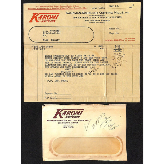 Kaufman Rohrlich Knitting Millls 23rd Street NYC Weitzel 1925 Billhead + Cover
