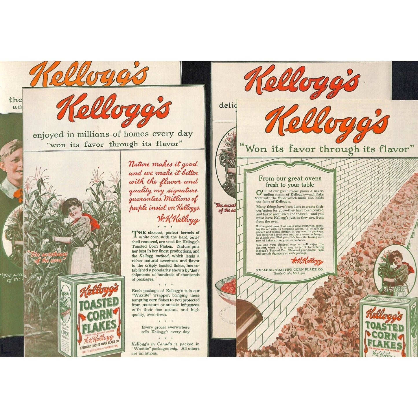 Kellogg's Toasted Corn Flakes Group of 5 Color c1919 Large Magazine Ads