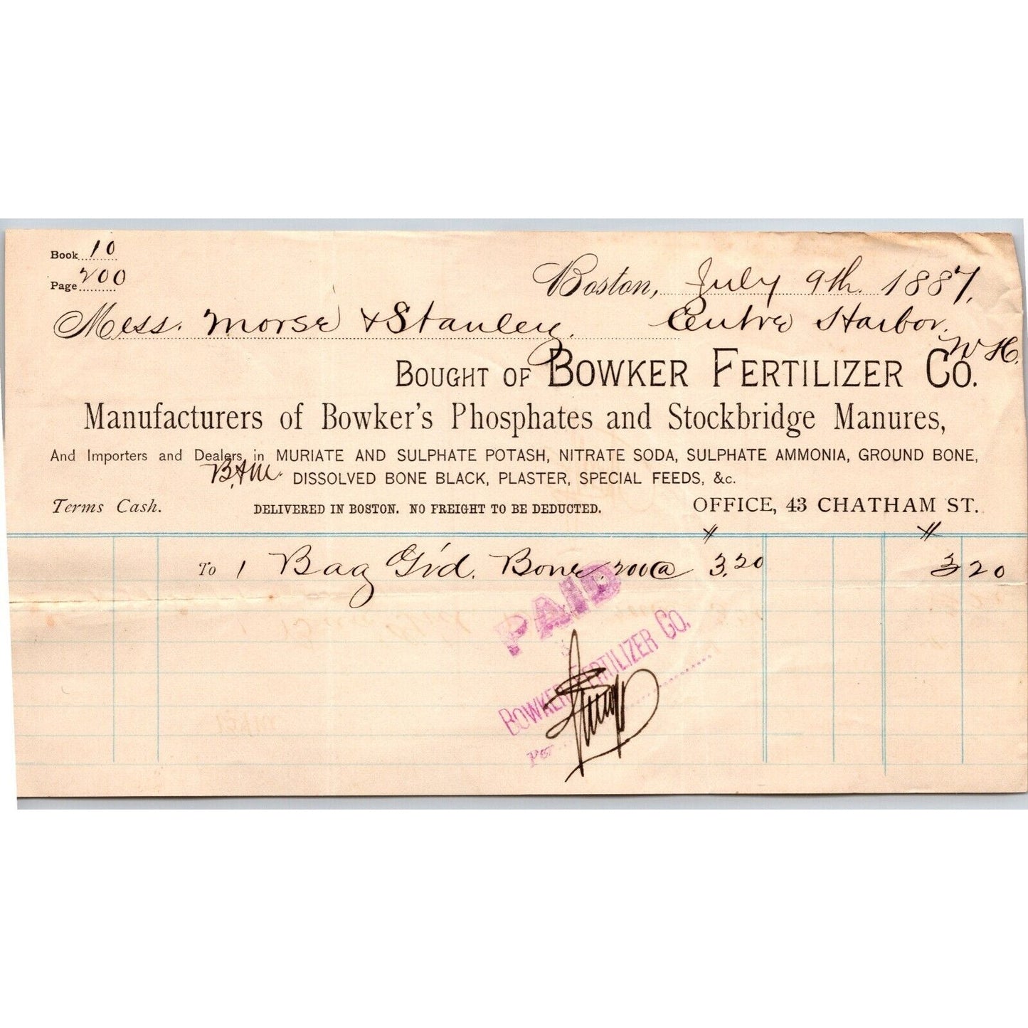 Bowker Fertilizer Phosphates Manures Boston, MA 1887 Billhead Scarce VGC