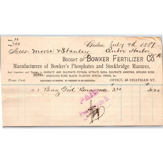 Bowker Fertilizer Phosphates Manures Boston, MA 1887 Billhead Scarce VGC