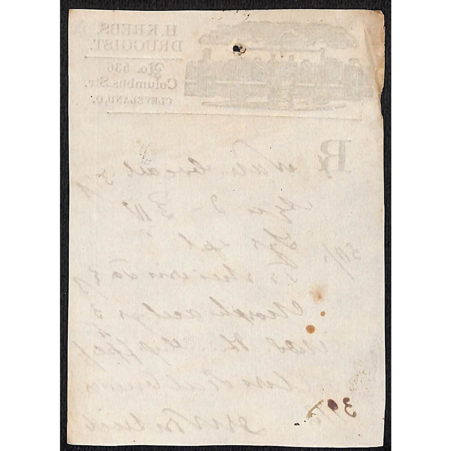 H. Krebs, Druggist Columbus St. Cleveland c1870's* Prescription #3973