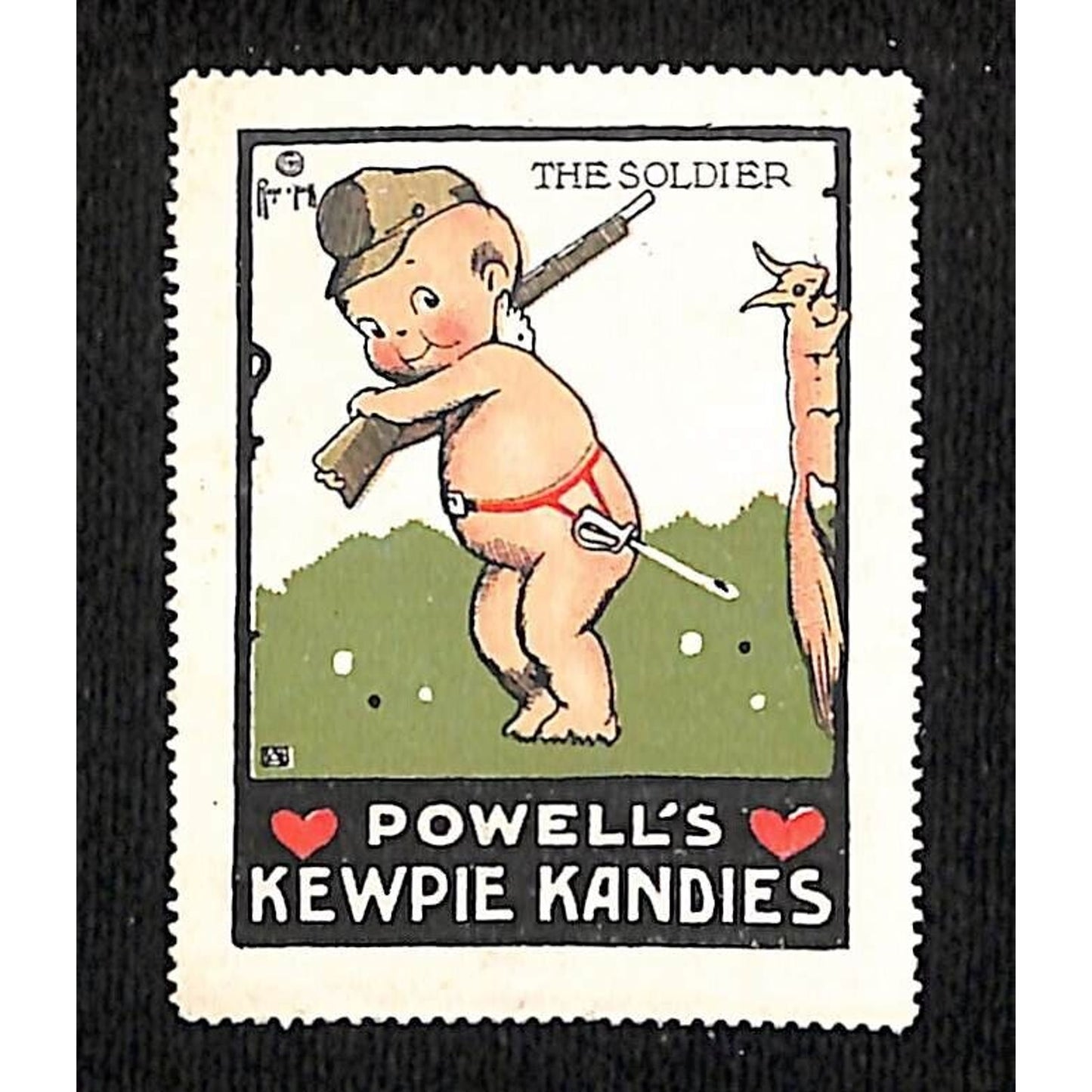 Powell's Kewpie Kandies "The Soldier" Poster / Cinderella Stamp c1915