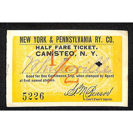 New York & Pennsylvania Railroad RY July 11 1917 Whitesville Ticket #5226