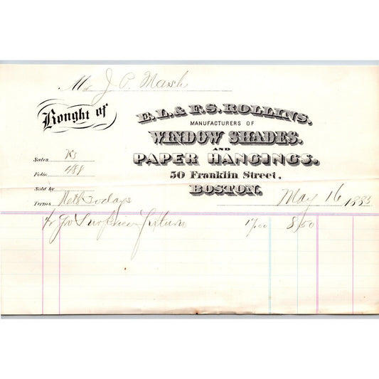 E.L. & F.S. Rollins Window Shades Paper Hangings Boston 1885 Billhead Scarce VGC